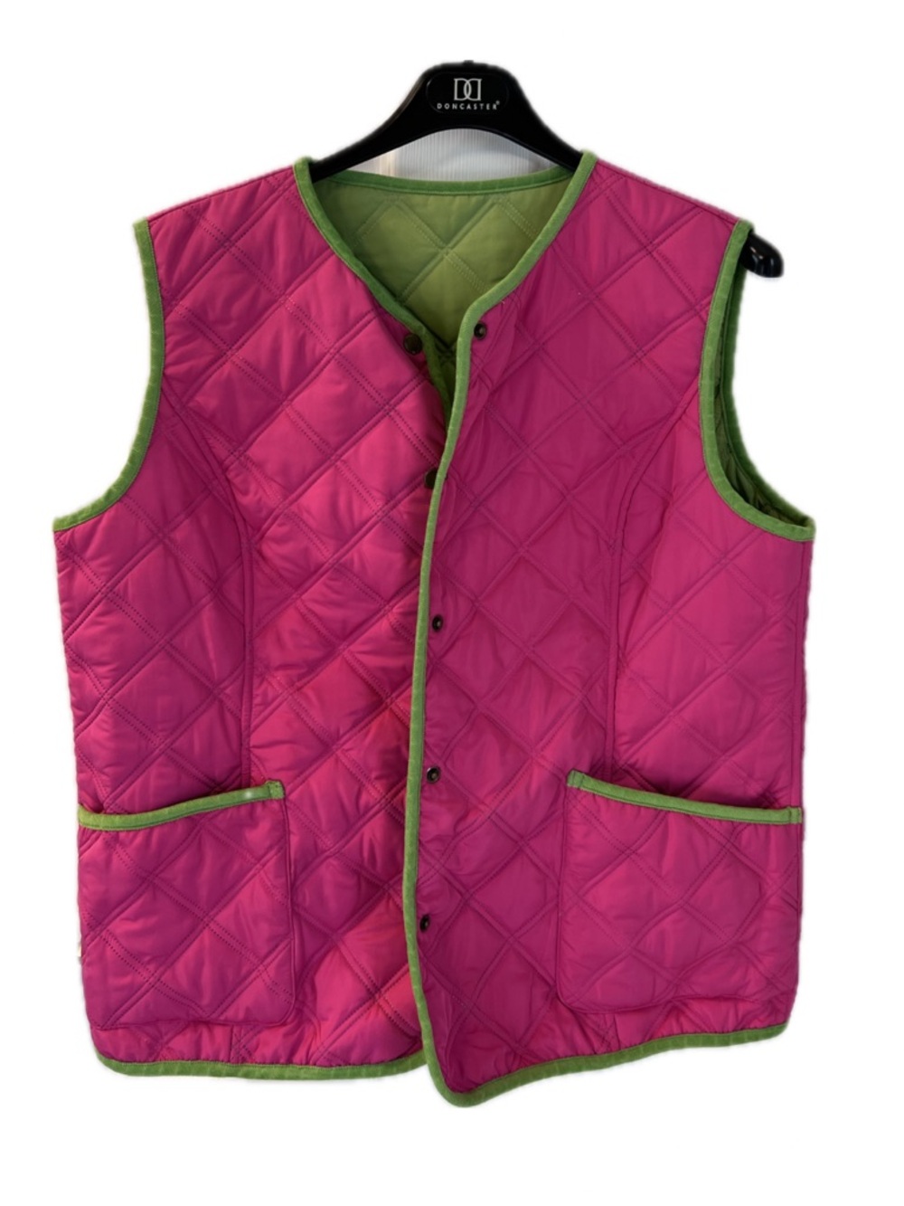 david brooks Quilted Reversible Vest in Pink with Green Trim